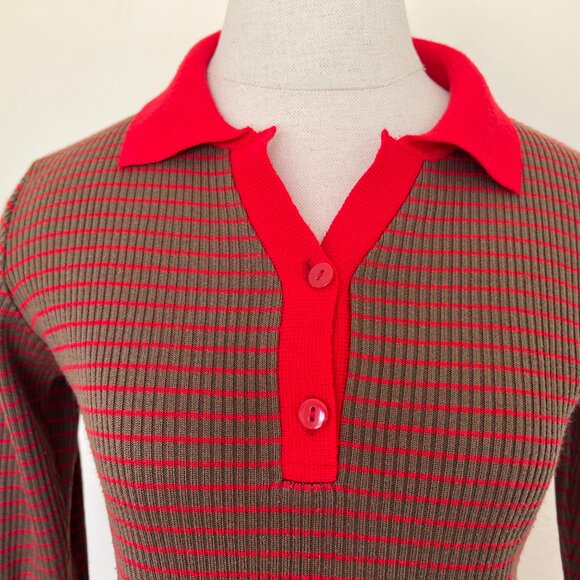 70's Sweater - Striped Pullover - Polo - Red & Brown - Size Large - Picture 2 of 8
